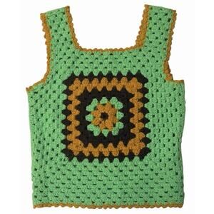 Vintage Crochet Granny Square Womens Top Size M/L Chunky Boho Hippie Groovey 70s